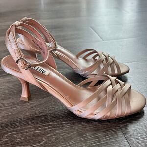 BIBI LOU Kassia Satin Strappy Kitten Heel Sandals Beige Size 35